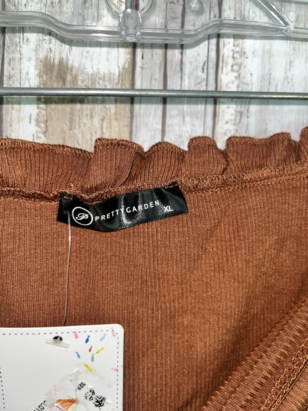 PrettyGarden Brown Off Shoulder Ribbed Top XL Boho Long Sleeve Tie Neck - Picture 4 of 6